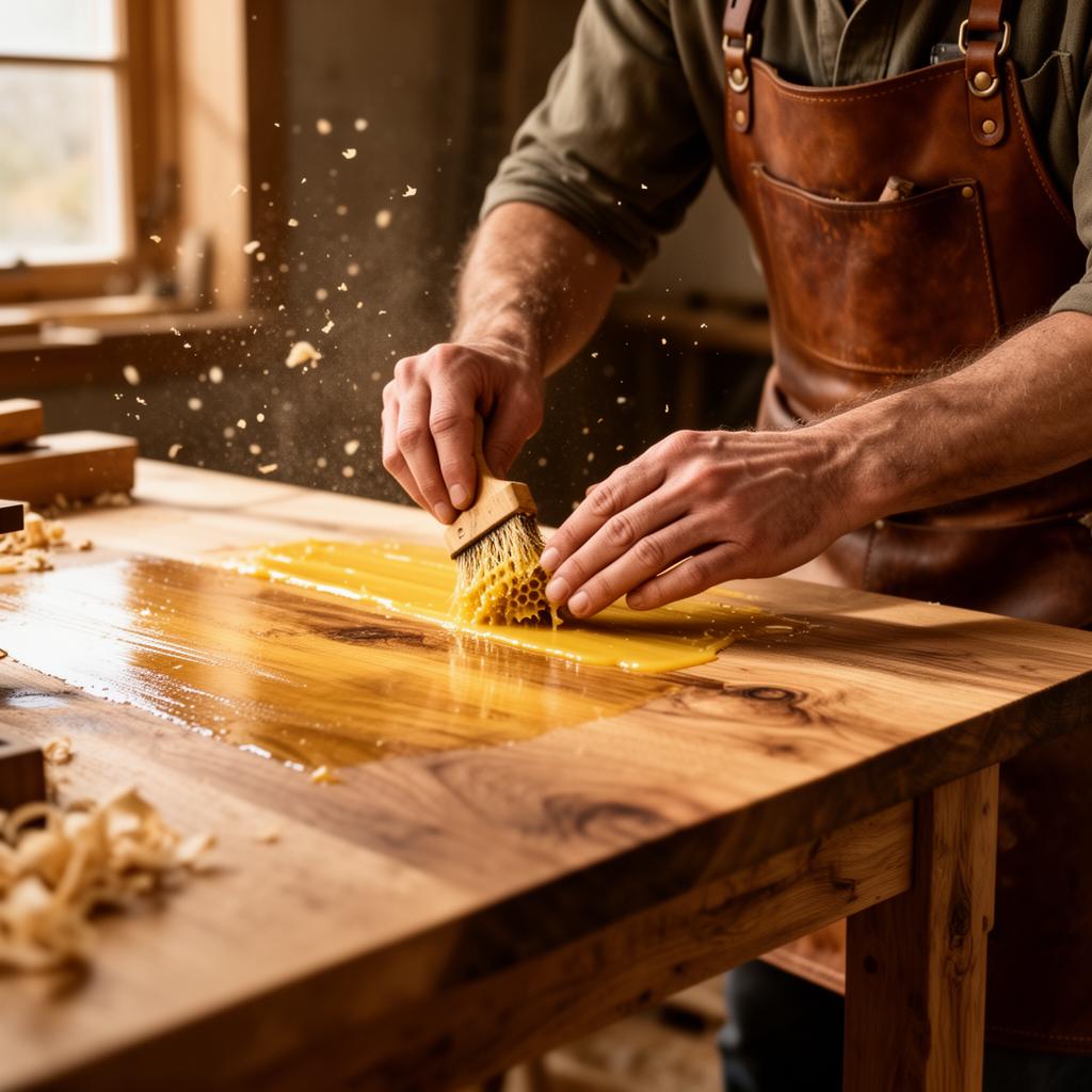 Craftsman applying beeswax finish to a solid oak tabletop
